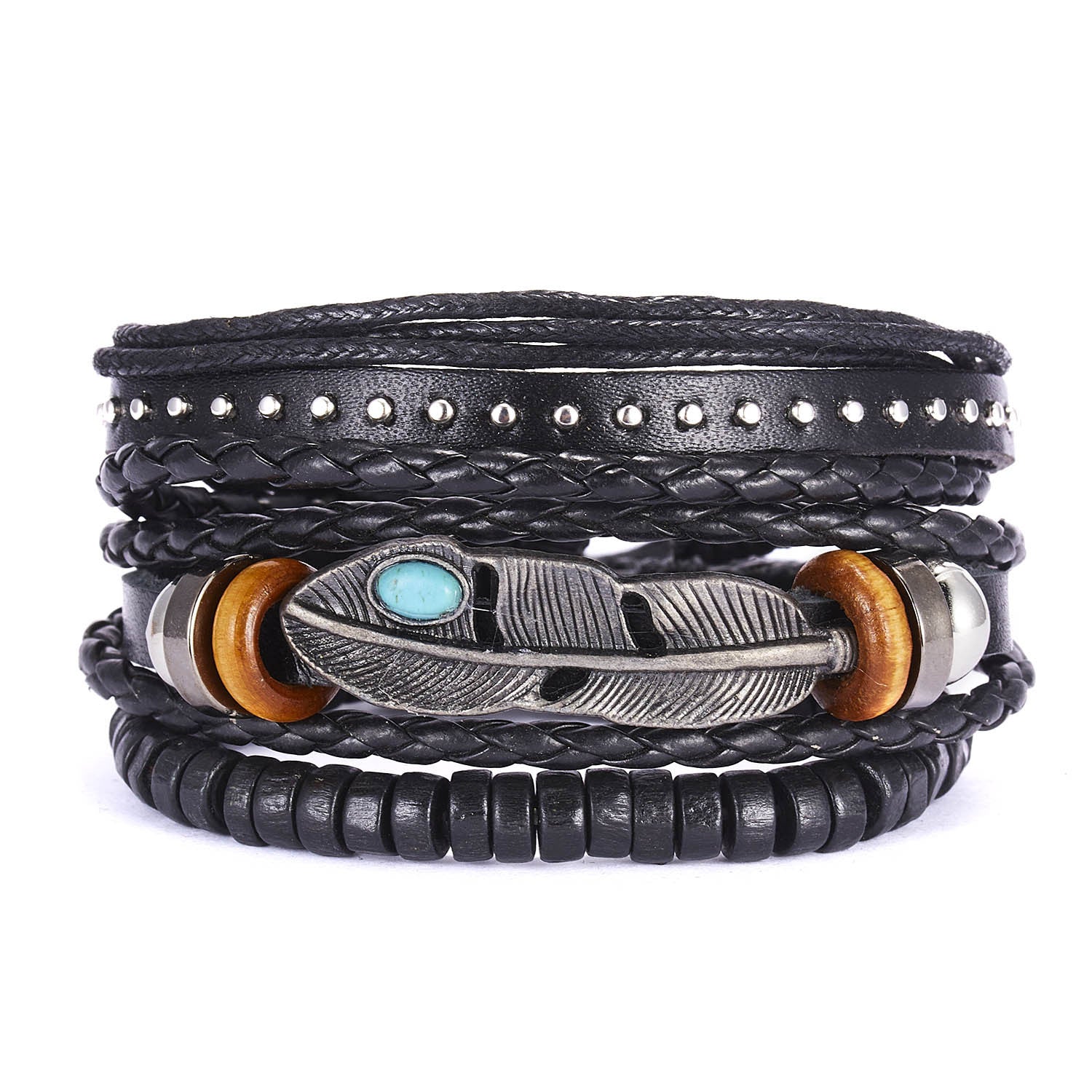 New Men's Leather Suit Creative Leaves Wooden Bead Woven Adjustable Suit Bracelet - Chic Angle